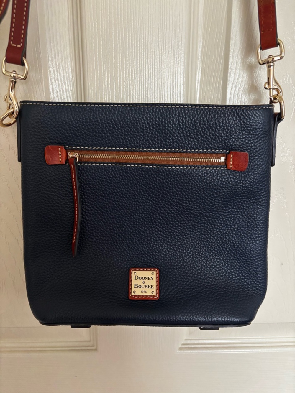 Dooney & Bourke Navy Pebble Leather Crossbody with Brown Trim